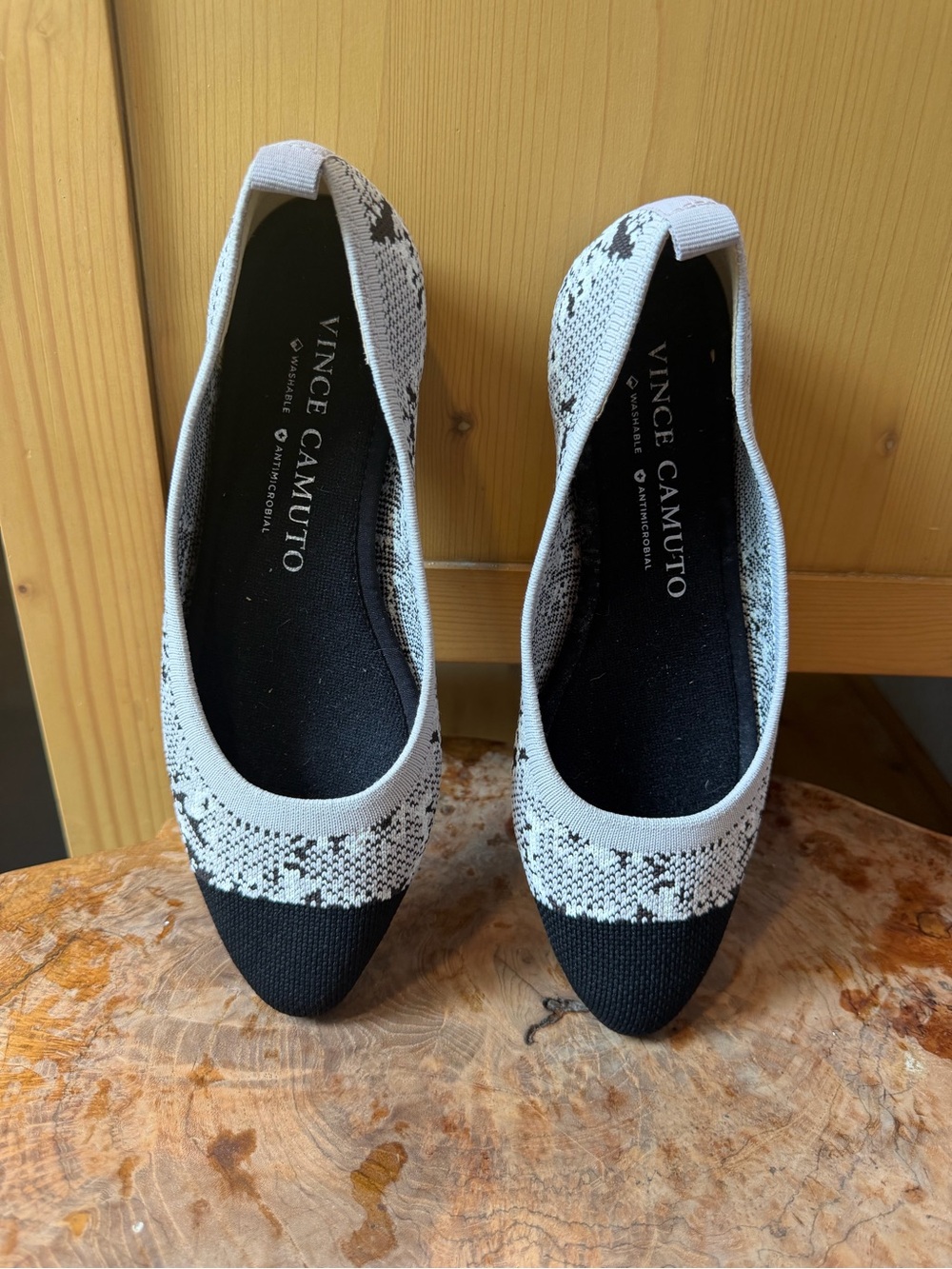 Vince Camuto Black and White Pointed Knit Slip-On Flats